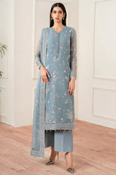 Farasha Aqua Bliss outfit with embroidered organza borders and raw silk trouser